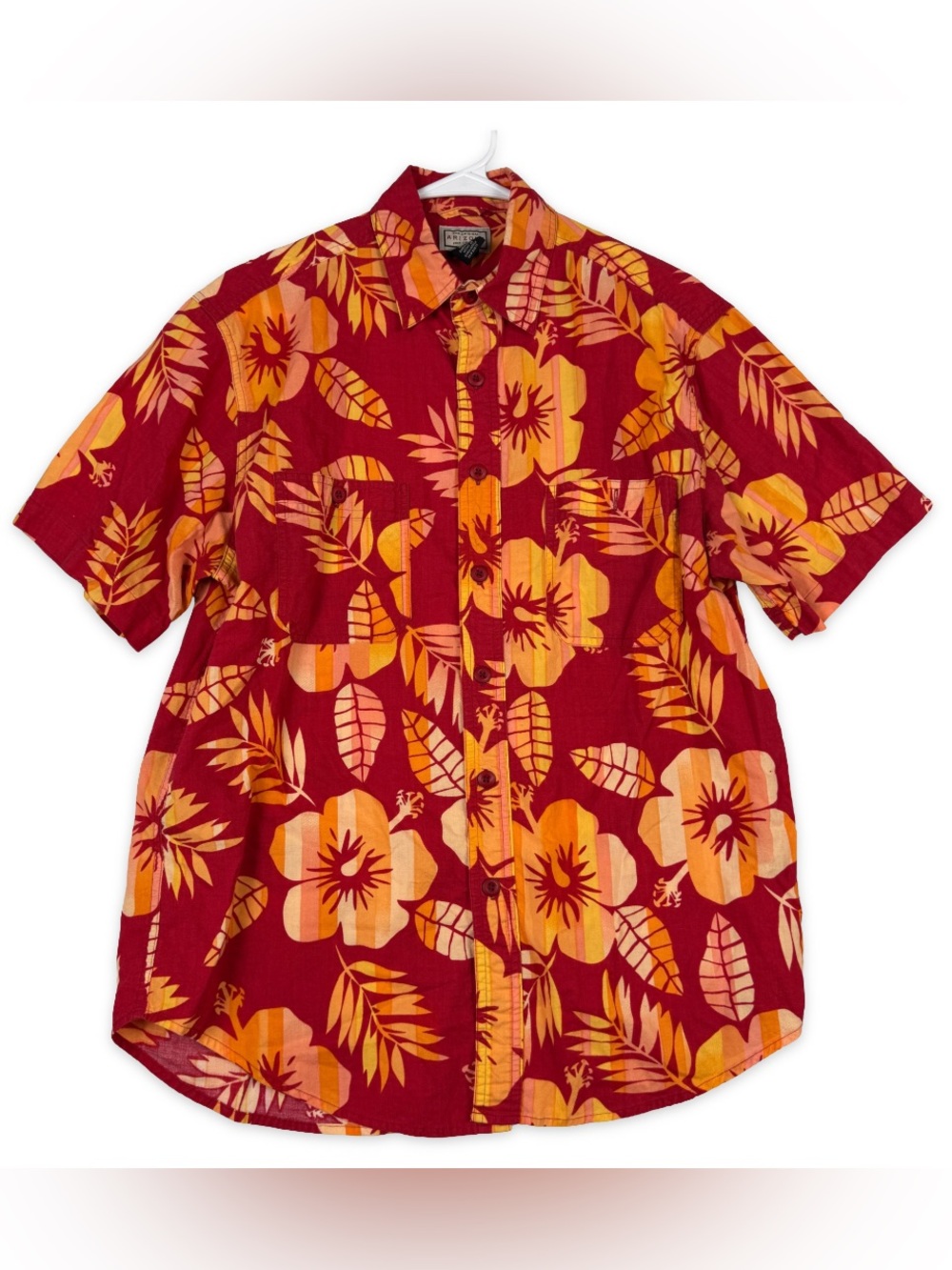 Arizona Jean Co Hawaiian Button Down Shirt Mens S Small Red Orange Tropical SS